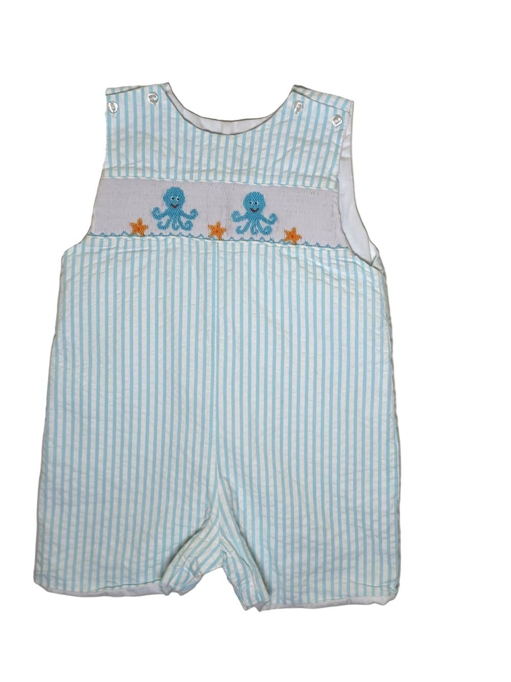 Velani Classics Aqua Blue Seersucker Smocked Octopus One-Piece Romper 3